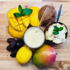 Vegan mango lassi, creamy and refreshing