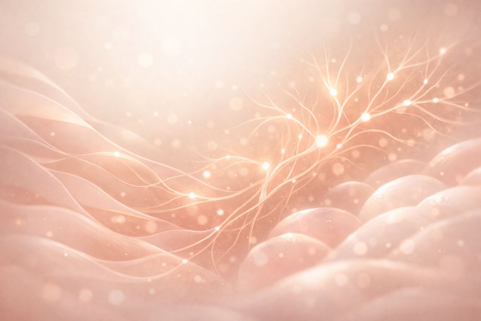 Abstract illustration in soft pastel tones with organic shapes and glowing lines, symbolizing internal body processes as potential causes of acne.